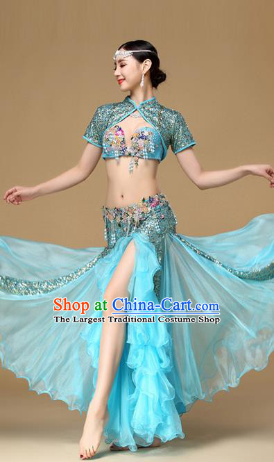 Asian Belly Dance Blue Dress Stage Performance Blue Top and Skirt Indian Oriental Dance Clothing