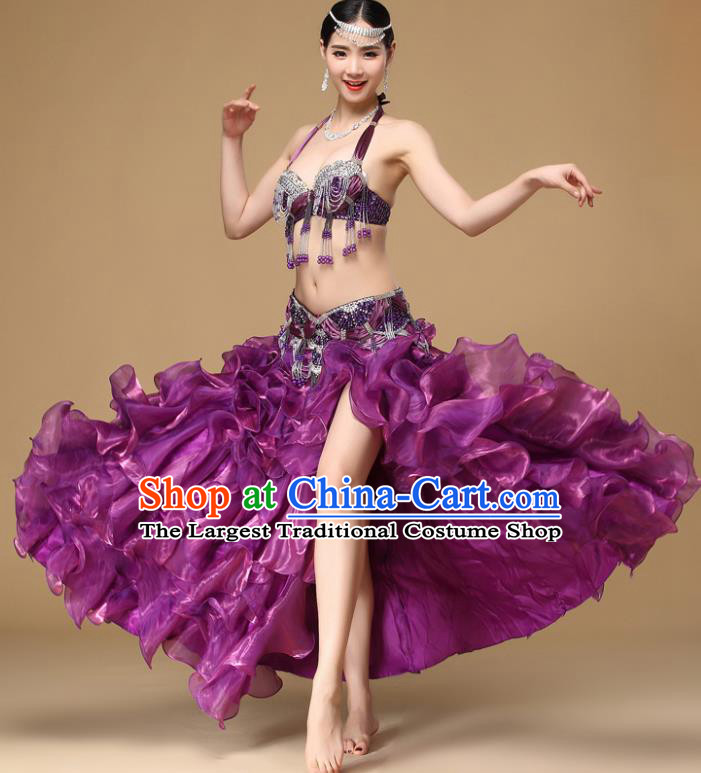 Indian Dance Sexy Clothing Asian Belly Dance Performance Bra and Skirt Oriental Dance Purple Uniforms