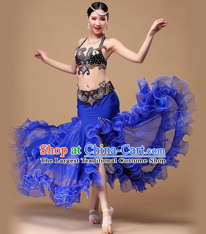 Asian Oriental Dance Clothing Indian Traditional Stage Performance Black Bra and Royalblue Fishtail Skirt Belly Dance Uniforms