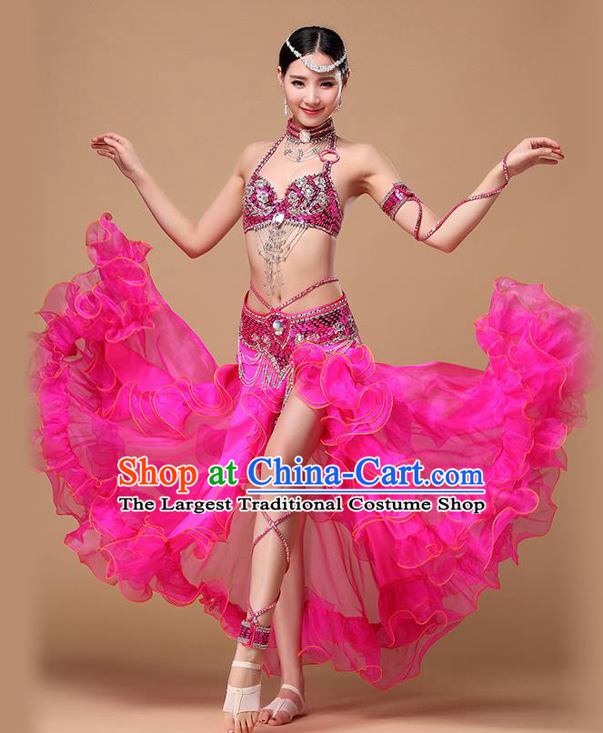 Indian Traditional Belly Dance Rosy Uniforms Asian Oriental Dance Costumes Performance Beads Tassel Bra and Skirt