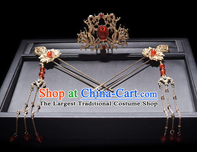 Chinese Classical Tang Dynasty Hair Comb and Tassel Hairpins Bride Headdress Traditional Wedding Hair Accessories