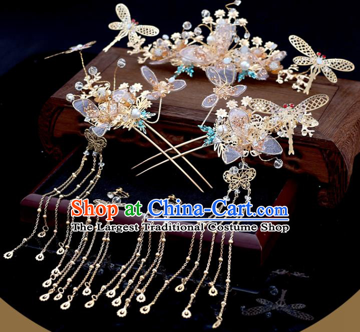 Chinese Traditional Wedding Hair Accessories Xiuhe Suit Golden Dragonfly Hair Comb Hairpins Classical Bride Headdress