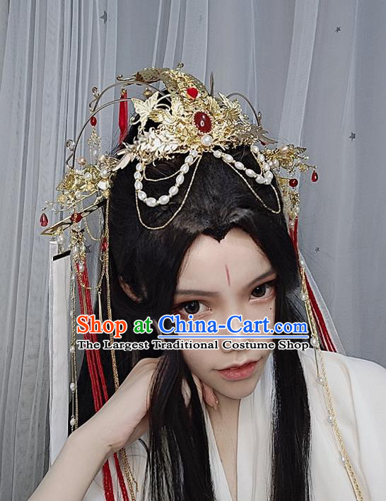 Chinese Ancient Swordswoman Wedding Hair Accessories Traditional Jin Dynasty Princess Golden Phoenix Coronet Headdress