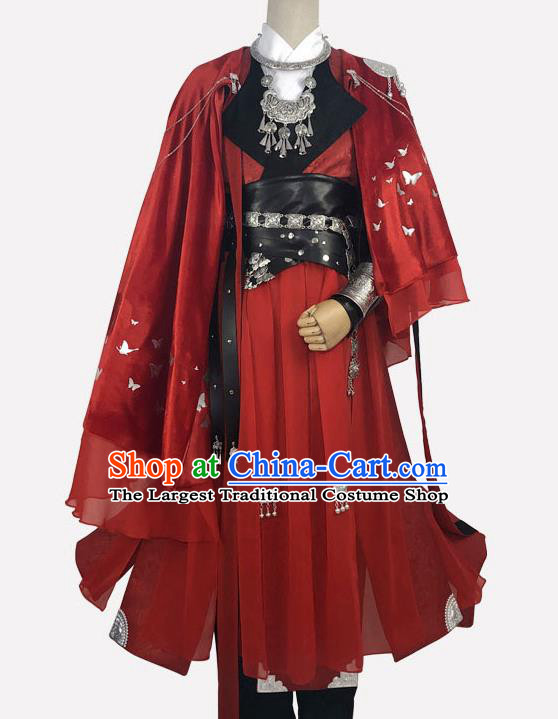 Chinese Cosplay Chivalrous Male Red Apparels Tang Dynasty Swordsman Garment Costumes Ancient Knight Clothing