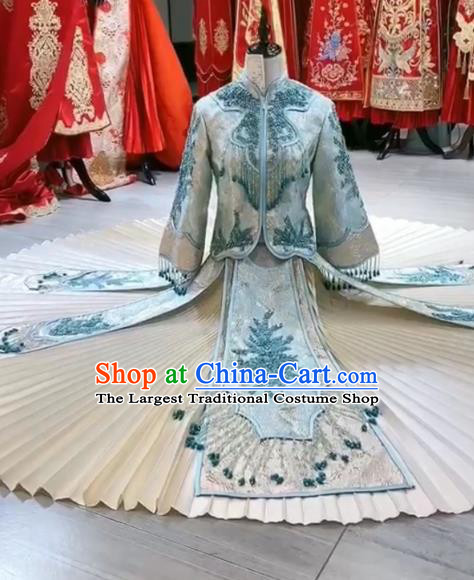 Chinese Hui Ethnic Bride Dress Clothing Traditional Wedding Garment Costumes Classical Blue Xiuhe Suits