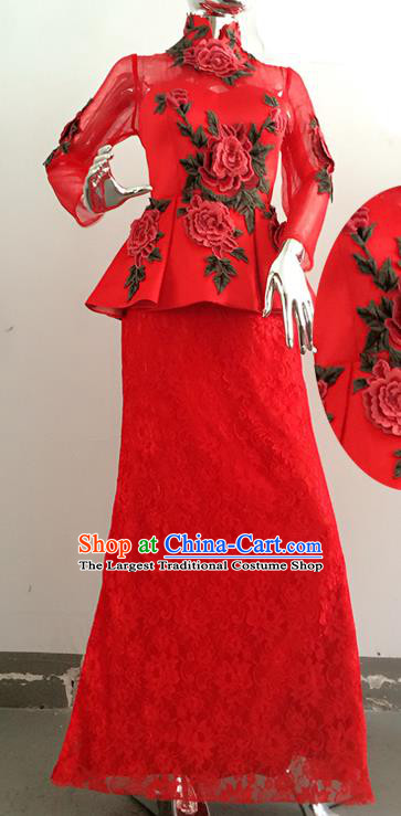 Chinese Ethnic Bride Red Lace Clothing Classical Embroidered Full Dress Traditional Hui Nationality Wedding Garment Costumes