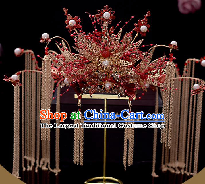 Chinese Traditional Wedding Hair Accessories Xiuhe Suit Golden Tassel Hair Crown Classical Bride Phoenix Coronet Headdress