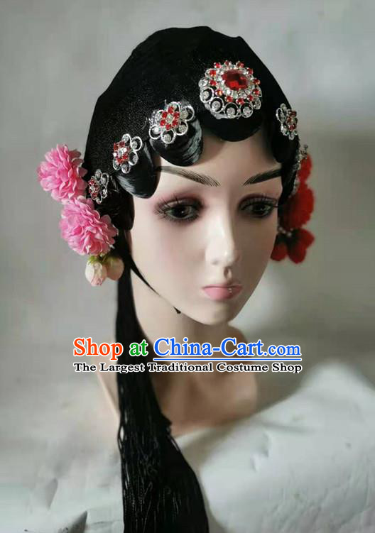 Chinese Beijing Opera Diva Headdress Classical Dance Hair Accessories Traditional Stage Performance Wigs and Red Crystal Hairpins
