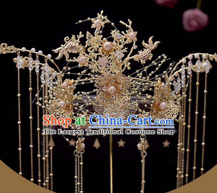 Chinese Classical Bride Phoenix Coronet Headdress Traditional Wedding Hair Accessories Xiuhe Suit Golden Hair Crown