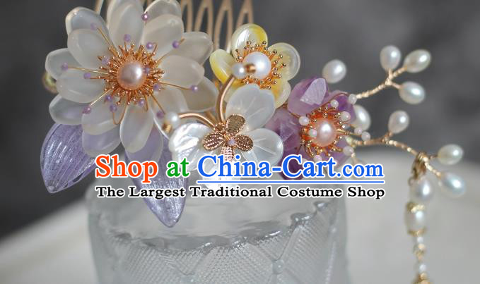 China Ming Dynasty Pearls Hair Comb Traditional Hanfu Hair Accessories Ancient Princess Shell Butterfly Hairpin