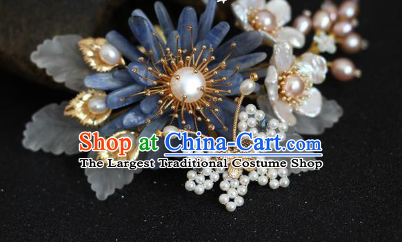 China Traditional Hanfu Hair Accessories Ancient Princess Blue Chrysanthemum Hairpin Ming Dynasty Pearls Hair Comb