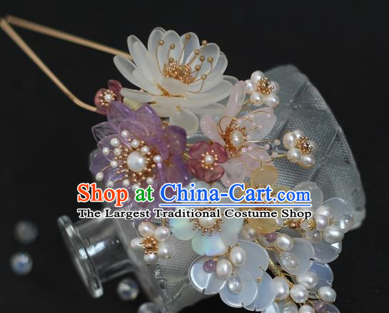 China Ming Dynasty White Chalcedony Hair Stick Traditional Hanfu Headpiece Ancient Princess Pearls Hairpin