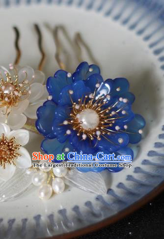 China Song Dynasty Blue Peony Hair Comb Traditional Hanfu Headwear Ancient Princess Pearls Hairpin