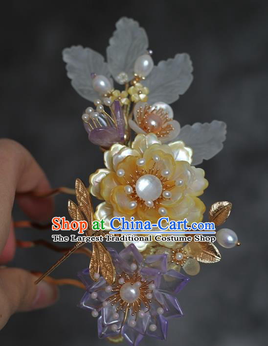 China Ming Dynasty Palace Lady Hair Comb Traditional Hanfu Hair Accessories Ancient Princess Shell Peony Hairpin