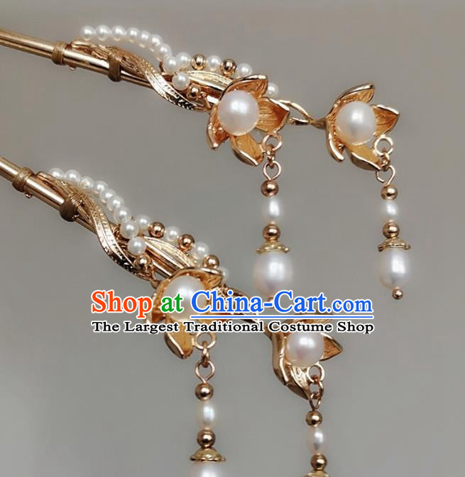 China Tang Dynasty Pearls Tassel Hair Stick Traditional Hanfu Hair Accessories Ancient Court Woman Golden Hairpin