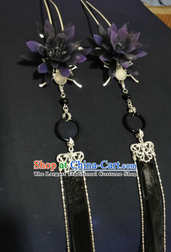 China Ancient Fairy Purple Lotus Hairpin Cosplay Swordswoman Hair Accessories Handmade Traditional Hanfu Black Ribbon Tassel Hair Stick