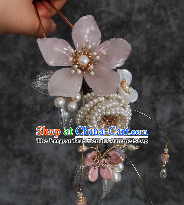 China Ancient Princess Peach Blossom Hairpin Ming Dynasty Pearls Hair Stick Traditional Hanfu Hair Accessories