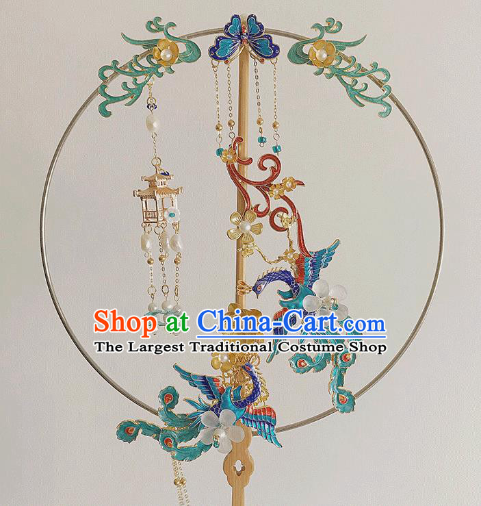 Chinese Handmade Cloisonne Phoenix Fans Bride Circular Fan Traditional Wedding Prop Fan Classical Dance Palace Fan