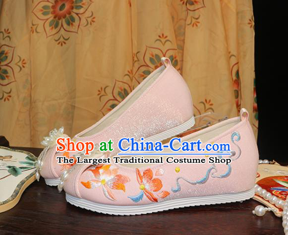 Chinese Pink Cloth Shoes Traditional Ming Dynasty Hanfu Shoes Ancient Princess Shoes Embroidered Lotus Shoes