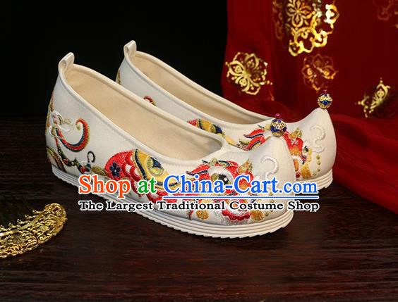 Chinese Traditional Ming Dynasty Hanfu Shoes Ancient Princess Bow Shoes Embroidered Lion Shoes White Satin Shoes