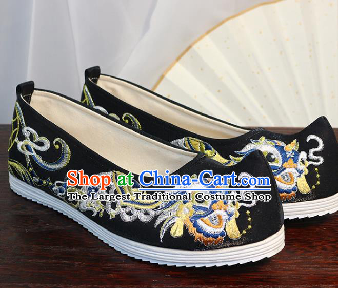 Chinese Black Satin Shoes Traditional Ming Dynasty Hanfu Shoes Ancient Princess Bow Shoes Embroidered Lion Shoes