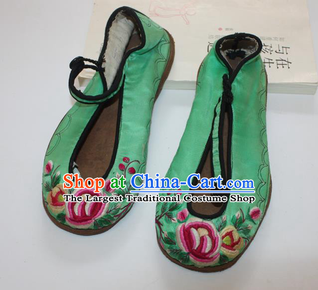 Chinese Traditional Embroidered Shoes Handmade National Woman Shoes Folk Dance Green Satin Shoes