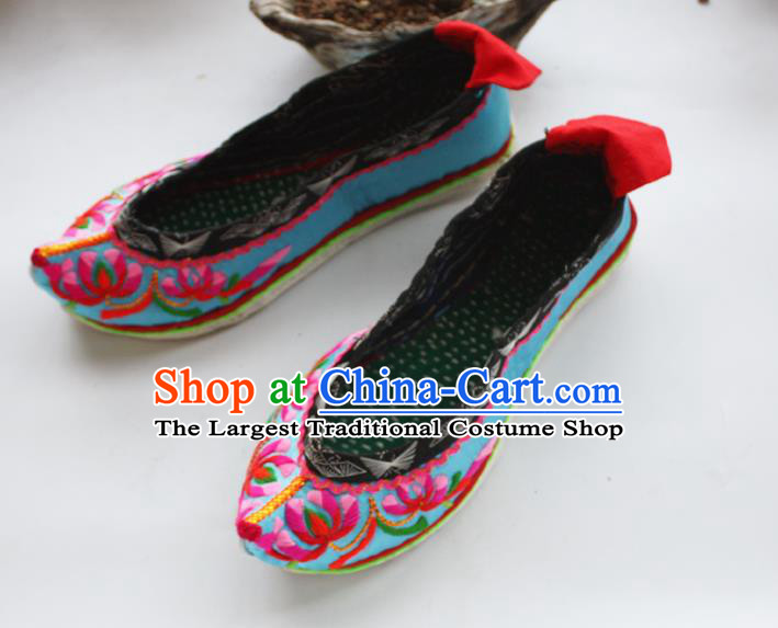 Chinese Traditional Ethnic Embroidered Shoes Handmade Yi Nationality Female Shoes Yunnan Blue Satin Shoes