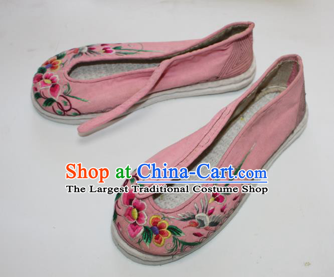 Chinese Traditional Pink Embroidered Shoes Handmade Strong Cloth Soles Shoes Folk Dance Shoes