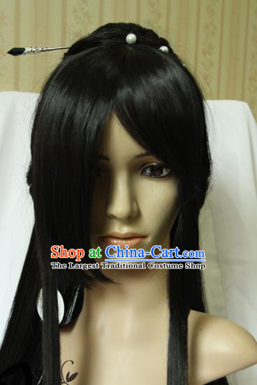 China Traditional Song Dynasty Young Woman Wigs Ancient Cosplay Swordswoman Hair Chignon Headdress