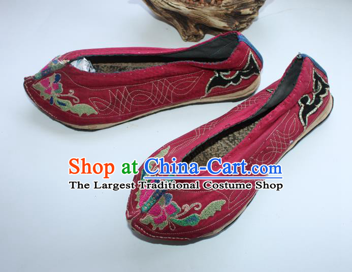 Chinese Yunnan Ethnic Wine Red Cloth Shoes Traditional Wedding Embroidered Shoes Handmade Yi Nationality Bride Shoes