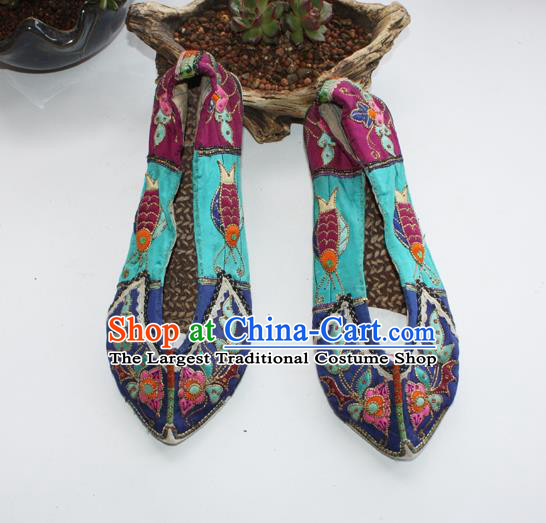 Chinese Handmade Shui Nationality Bride Shoes Yunnan Ethnic Blue Cloth Shoes Traditional Embroidered Shoes