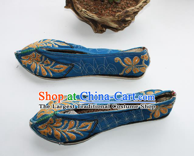 Chinese Traditional Blue Cloth Shoes Embroidered Shoes Handmade Shui Nationality Female Shoes Yunnan Ethnic Shoes