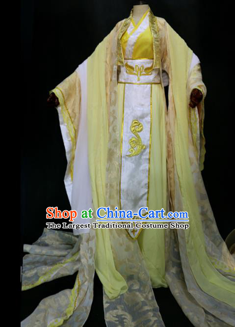 China Traditional Qin Dynasty Empress Yellow Hanfu Dress Cosplay Swordswoman Clothing Ancient Royal Queen Garments