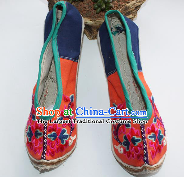 Chinese Yi Nationality Orange Embroidered Shoes Yunnan Ethnic Folk Dance Shoes Handmade Strong Cloth Soles Shoes