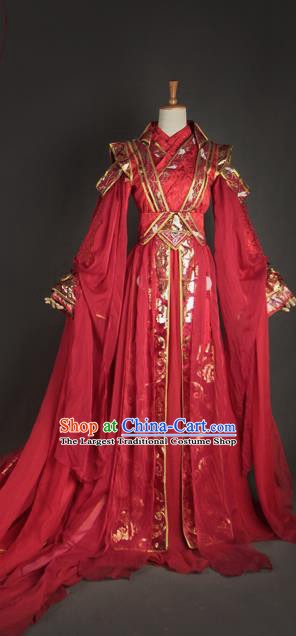 Chinese Ancient King Dong Hua Garment Costumes Cosplay Swordsman Red Hanfu Clothing Traditional Wedding Apparels