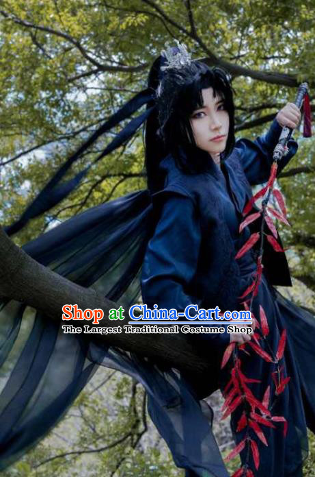 Chinese Ancient Assassin Garment Costumes Cosplay Swordsman Gu Yun Clothing Traditional Qin Dynasty Knight Navy Apparels