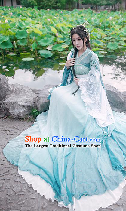 China Traditional Jin Dynasty Princess Blue Hanfu Dress Cosplay Swordswoman Clothing Ancient Water Goddess Garments