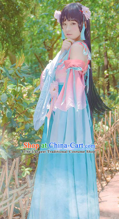 China Traditional Young Lady Blue Hanfu Dress Cosplay Swordswoman Clothing Ancient Fairy Garments