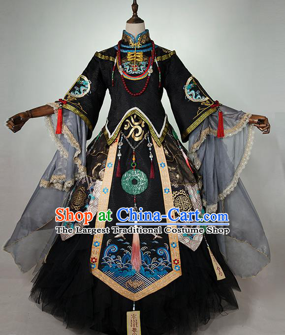 China Ancient Fairy Queen Black Garments Traditional Game Performance Black Dress Cosplay Goddess Clothing