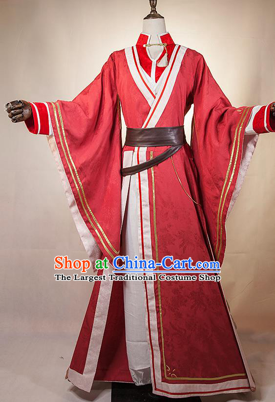 Chinese Traditional Han Dynasty Young Childe Red Apparels Ancient Prince Garment Costumes Cosplay Swordsman Clothing