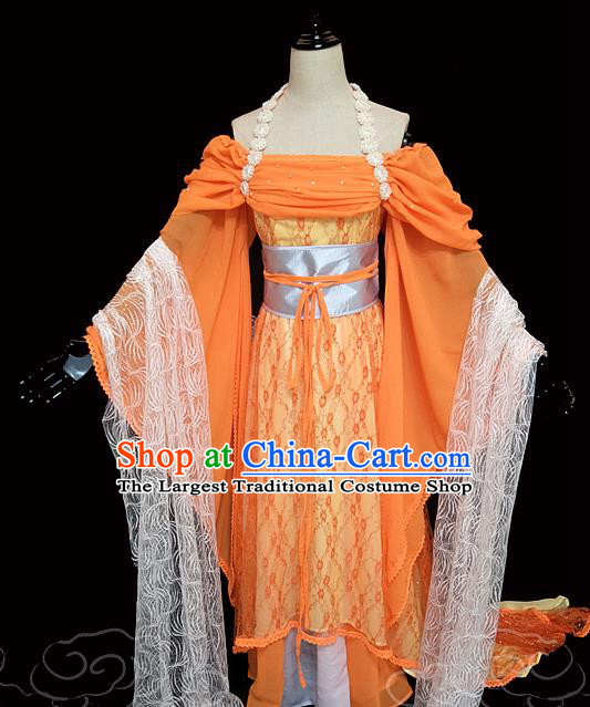 China Ancient Goddess Garments Traditional Song Dynasty Princess Orange Hanfu Dress Cosplay Drama Seven Fairy Cheng Er Clothing