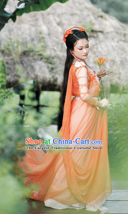 China Cosplay Drama Seven Fairy Cheng Er Clothing Ancient Goddess Princess Garments Traditional Dance Orange Hanfu Dress