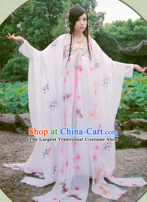 China Cosplay Fox Fairy Clothing Ancient Noble Lady Garments Traditional Tang Dynasty Princess White Hanfu Dress