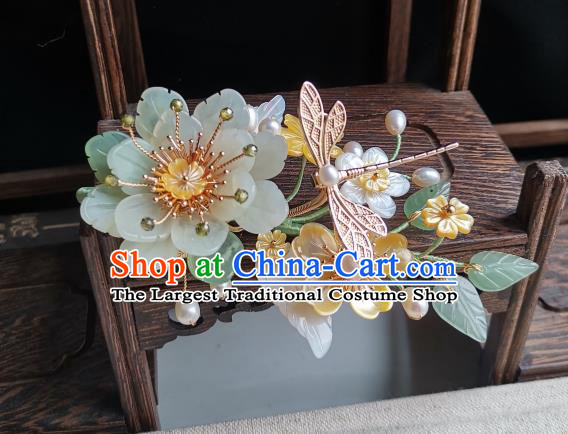 China Traditional Hanfu Jade Peony Hairpin Handmade Ancient Princess Hair Accessories Song Dynasty Palace Lady Shell Flowers Hair Stick