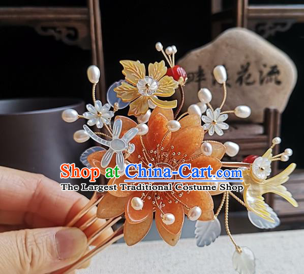 China Ming Dynasty Palace Lady Hair Comb Traditional Hanfu Hair Accessories Handmade Ancient Court Woman Agate Lotus Hairpin