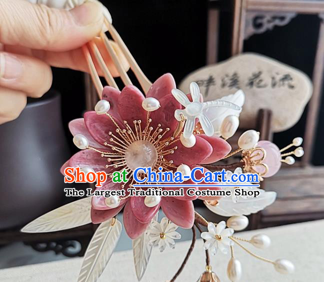 China Ming Dynasty Princess Shell Flowers Hair Comb Traditional Hanfu Hair Accessories Handmade Ancient Court Woman Pink Daisy Hairpin