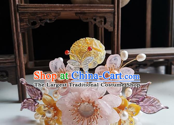 China Tang Dynasty Empress Shell Hair Crown Traditional Hanfu Hair Accessories Handmade Ancient Court Woman Rose Quartz Peony Hairpin