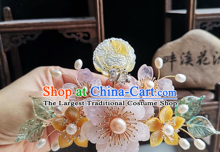 China Traditional Hanfu Hair Accessories Handmade Ancient Court Woman Rose Quartz Peony Hairpin Tang Dynasty Empress Shell Hair Comb