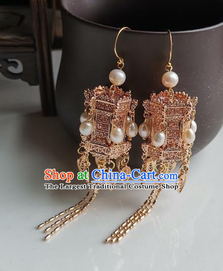 Handmade China Traditional Ming Dynasty Court Woman Ear Accessories Ancient Empress Golden Lantern Earrings