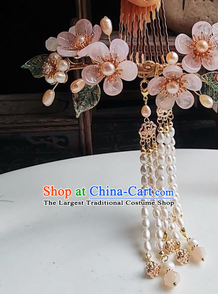 China Ming Dynasty Pink Plum Hair Comb Traditional Hanfu Hair Accessories Handmade Ancient Princess Pearls Tassel Hairpin